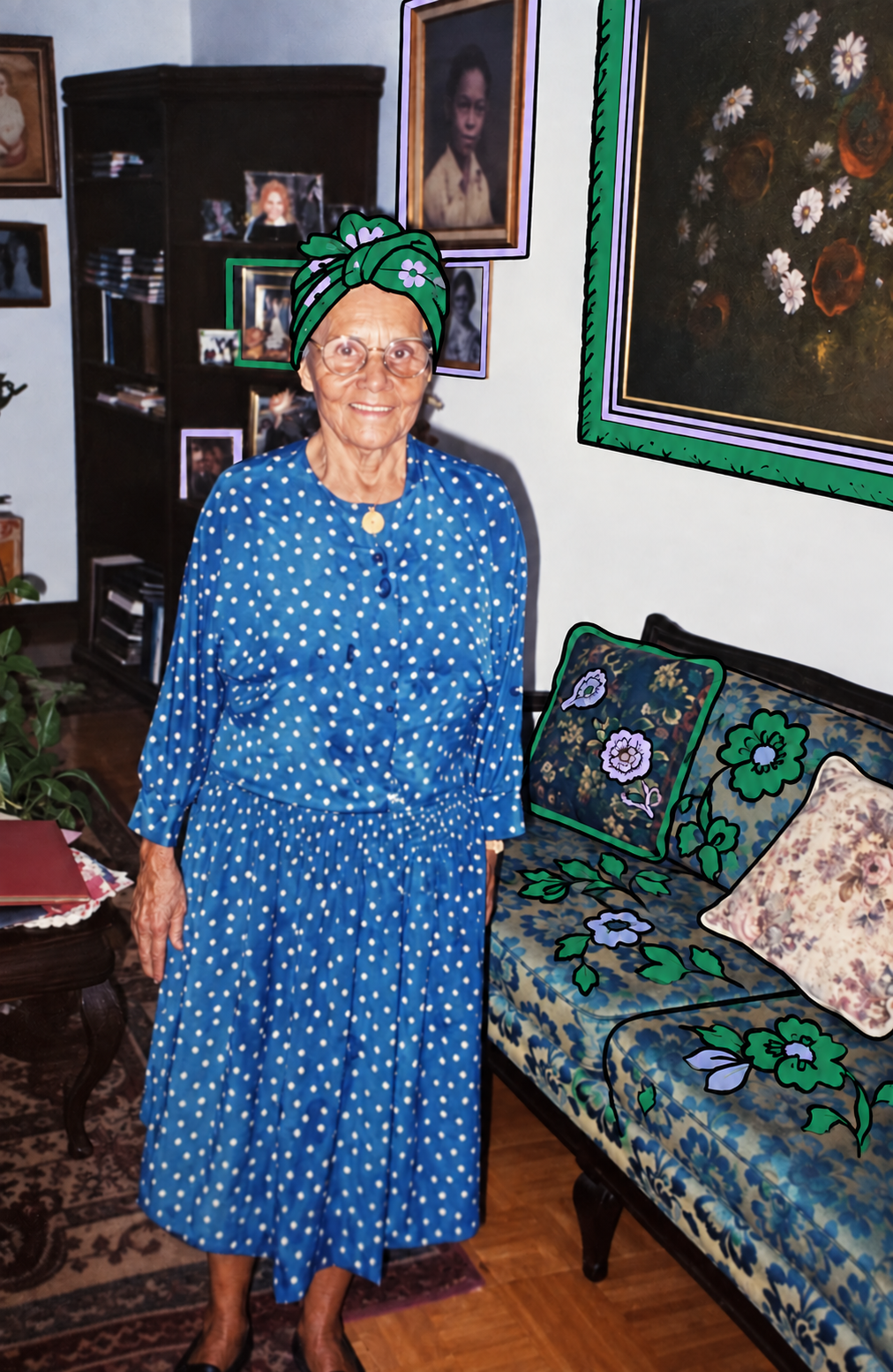 Auntie in her art-filled living room, in the original family photograph.